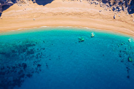 Famous Platia Ammos beach in Cephalonia (Kefalonia) island, Greece. Aerial view of Platia Ammos...