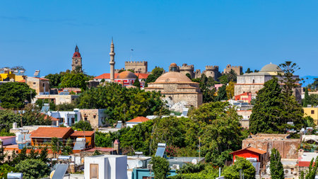 Panoramic view of Rhodes old town on Rhodes island, Greece. Rhodes old fortress cityscape. Travel destinations in Rhodes, Greece.の写真素材