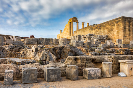 Ruins of Acropolis of Lindos view, Rhodes, Dodecanese Islands, Greek Islands, Greece. Acropolis of Lindos, ancient architecture of Rhodes, Greece.の写真素材