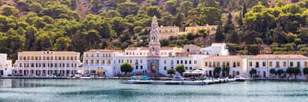 Sacred Monastery of Saint Archangel Michael the Panormitis, Symi, Greece. Monastery of Saint...