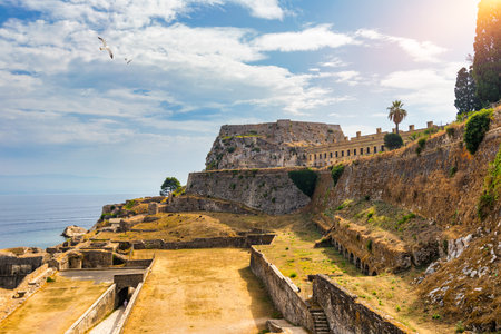 The old Venetian fortress of Corfu town, Corfu, Greece. The Old Fortress of Corfu is a Venetian fortress in the city of Corfu. Venetian Old Fortress (Palaio Frourio), Corfu, Ionian Islands, Greeceの写真素材