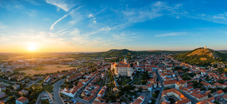 Royal Castle Karlstejn. Central Bohemia, Karlstejn village, Czechia. Aerial view to The Karlstejn castle. Royal palace founded King Charles IV. Amazing gothic monument in Czech Republic, Europe.の写真素材