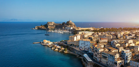 Panoramic view of Kerkyra, capital of Corfu island, Greece. Aerial drone view of Kerkyra with...
