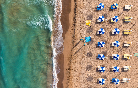 Aerial drone view over western coast and Glyfada beach, Island of Corfu, Greece. Glyfada Beach at...