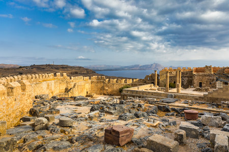 Ruins of Acropolis of Lindos view, Rhodes, Dodecanese Islands, Greek Islands, Greece. Acropolis of Lindos, ancient architecture of Rhodes, Greece.の写真素材