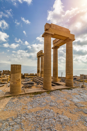 Ruins of Acropolis of Lindos view, Rhodes, Dodecanese Islands, Greek Islands, Greece. Acropolis of Lindos, ancient architecture of Rhodes, Greece.の写真素材