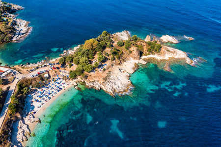 Aerial drone view north east coast with Kanoni, Mpataria and Pipitos beach, Island of Corfu, Greece. Mpataria, Kanoni and Pipitos beach at Corfu Greece during the day.の写真素材