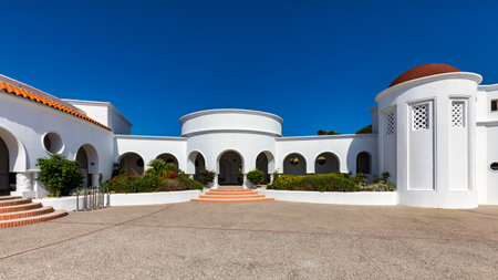 The beautiful buildings at Kalithea Springs constructed in the 1930s, Rhodes Island, Greece, Europe. Kallithea Therms, Kallithea Springs located at the bay of Kallithea on Rhodes island, Greece.のeditorial素材