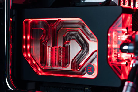 Prague, Czech Republic - 21 July 2021: Close-up of high performance Desktop PC and water cooling...