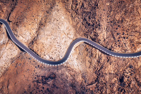 Betancuria National Park on the Fuerteventura Island, Canary Islands, Spain. Spectacular view of the picturesque mountain landscape from the drone of the Betancuria National Park in Fuerteventuraの写真素材