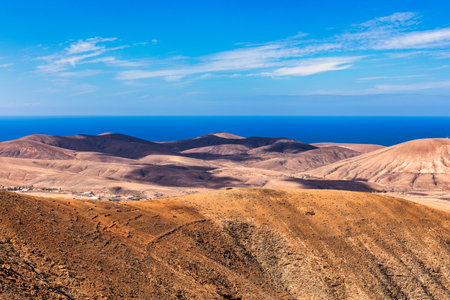 Betancuria National Park on the Fuerteventura Island, Canary Islands, Spain. Spectacular view of the picturesque mountain landscape from the drone of the Betancuria National Park in Fuerteventuraの写真素材