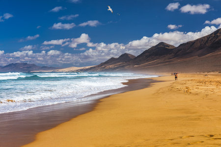 Amazing Cofete beach with endless horizon. Volcanic hills in the background and Atlantic Ocean. Cofete beach, Fuerteventura, Canary Islands, Spain. Playa de Cofete, Fuerteventura, Canary Islands.のeditorial素材