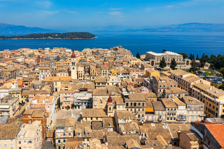 Panoramic view of Kerkyra, capital of Corfu island, Greece. Aerial drone view of Kerkyra with beautiful buildings during summer sunny day. Corfu island, Greece.の写真素材