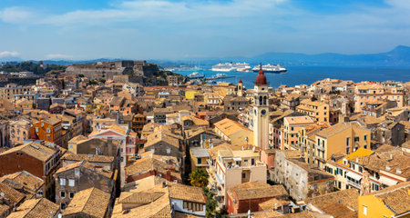 Panoramic view of Kerkyra, capital of Corfu island, Greece. Aerial drone view of Kerkyra with beautiful buildings during summer sunny day. Corfu island, Greece.の写真素材