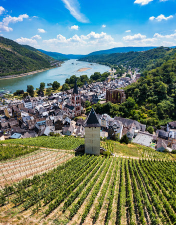 Bacharach panoramic view. Bacharach is a small town in Rhine valley in Rhineland-Palatinate, Germany. Bacharach on Rhein town, Rhine river, Germany.の写真素材