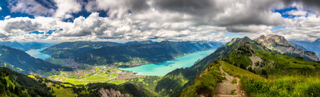 Beautiful Lake Thun and Lake Brienz view from Schynige Platte trail in Bernese Oberland, Canton of Bern, Switzerland. Popular mountain in the Swiss Alps called Schynige Platte in Switzerland.の写真素材