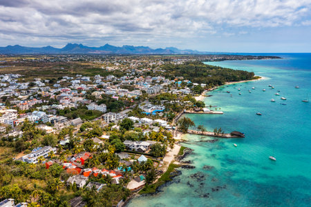 Mauritius beach aerial view of Mont Choisy beach in Grand Baie, Pereybere North. Mont Choisy, public beach in Mauritius island, Africa. Beautiful beach of Mont Choisy in Mauritius, drone aerial view.の写真素材