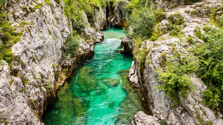Amazing  Soca river gorge in Slovenian Alps. Great Soca Gorge (Velika korita Soce), Triglav National park, Slovenia. Great canyon of Soca river, Bovec, Slovenia. Soca Gorge in Triglav National Park.の写真素材