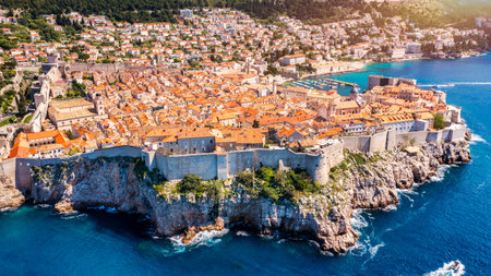 The aerial view of Dubrovnik, a city in southern Croatia fronting the Adriatic Sea, Europe. Old city center of famous town Dubrovnik, Croatia. Dubrovnik historic city of Croatia in Dalmatia.の写真素材