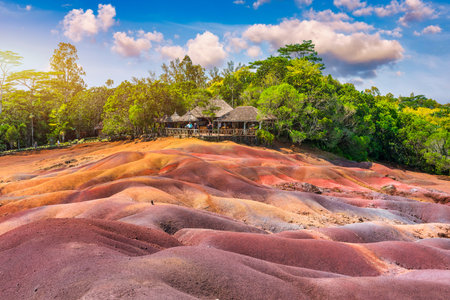 Chamarel Seven Colored Earth Geopark in Mauritius Island. Colorful panoramic landscape about this volcanic geological formation Chamarel Seven Colored Earth Geopark in Riviere noire district.の写真素材