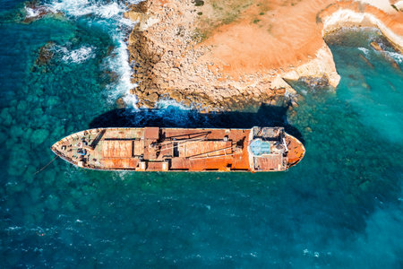 Abandoned Edro III Shipwreck at seashore of Peyia, near Paphos, Cyprus. Historic Edro III Shipwreck...