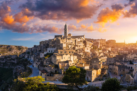 Panoramic view of the ancient town of Matera (Sassi di Matera) in a beautiful autumn day,...