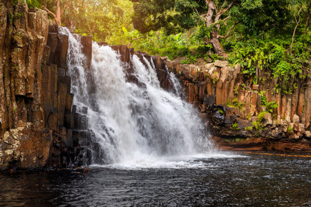 Rochester falls on the island of Mauritius. Waterfall in the jungle of the tropical island of Mauritius. Hidden treasure Rochester falls in Mauritius Island. Rochester Falls in Souillac Mauritius.の写真素材