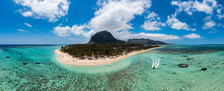 Aerial view of Le morne Brabant in Mauriutius. Tropical crystal ocean with Le Morne mountain and...