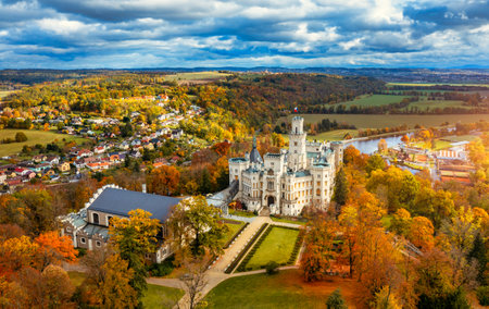 Hluboka Castle, historic chateau in Hluboka nad Vltavou in South Bohemia, Czech Republic. Famous Czech castle Hluboka nad Vltavou, medieval building with beautiful park. Prague, Czechia.の写真素材