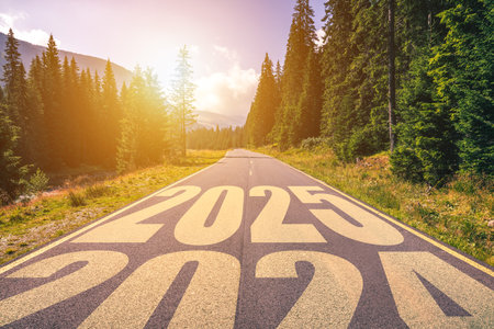 Empty asphalt road and New year 2025 concept. Driving on an empty road in the mountains to upcoming...