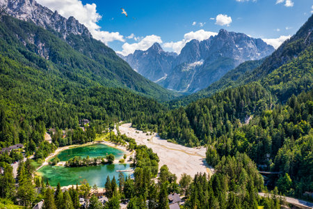 Great nature scenery in Slovenian Alps. Incredible summer landscape on Jasna lake. Triglav national park. Kranjska Gora, Slovenia. Mountain lake Jasna in Krajsnka Gora, Slovenia.の写真素材
