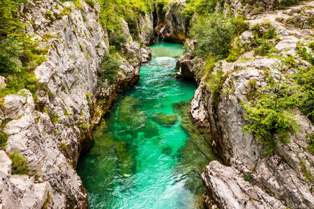 Amazing  Soca river gorge in Slovenian Alps. Great Soca Gorge (Velika korita Soce), Triglav National...