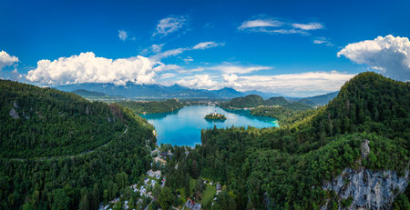 Lake Bled in Slovenia. Beautiful mountains and Bled lake with small Pilgrimage Church. Bled lake and island with Pilgrimage Church of the Assumption of Maria. Bled, Slovenia, Europe.の写真素材
