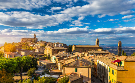 View of Montalcino town, Tuscany, Italy. Montalcino town takes its name from a variety of oak tree that once covered the terrain. View of the medieval Italian town of Montalcino. Tuscanyの写真素材