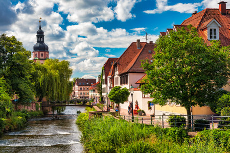 Old city of Ettlingen in Germany with Alb river. View of a central district of Ettlingen, Germany, with Alb river. Ettlingen, Baden Wurttemberg, Germany.の写真素材