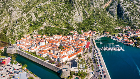 Aerial view of the old town of Kotor, Montenegro. Bay of Kotor bay is one of the most beautiful places on Adriatic Sea. Historical Kotor Old town and the Kotor bay of Adriatic sea, Montenegro.の写真素材