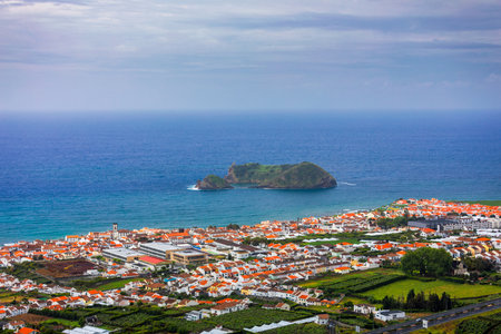 Island of Vila Franca do Campo from the chapel of Nossa Senhora da Page. San Miguel Island, Portugal. Travel to the Azores. Island of Vila Franca do Campo near San Miguel island, Azores, Portugal.の写真素材