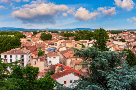 The picturesque town of Avignon reveals a blend of historic buildings with red rooftops and lush greenery under a bright blue sky with fluffy clouds, creating a serene atmosphere, Avignon, France.の写真素材