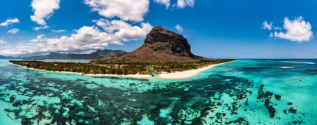 Beach with palm trees and umbrellas on Le morne beach in Mauriutius. Luxury tropical beach and Le...