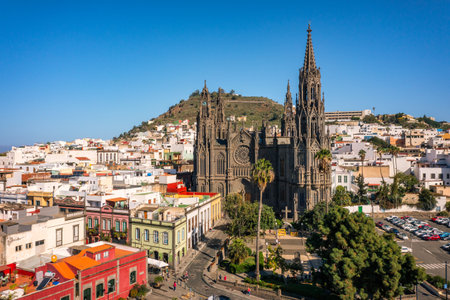 Aerial view of the Parroquia de San Juan Bautista de Arucas church in Arucas town, Gran Canaria, Canary Islands, Spain. Historic Neo-Gothic cathedral in Arucas.の写真素材