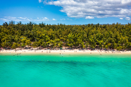 Mauritius beach aerial view of Mont Choisy beach in Grand Baie, Pereybere North. Mont Choisy, public beach in Mauritius island, Africa. Beautiful beach of Mont Choisy in Mauritius, drone aerial view.の写真素材