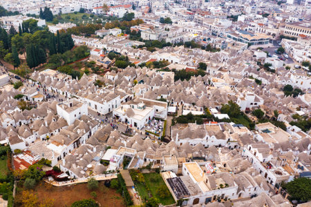The traditional Trulli houses in Alberobello city, Apulia, Italy. Cityscape over the traditional roofs of the Trulli, original and old houses of this region, Apulia, Alberobello, Puglia, Italy.の写真素材