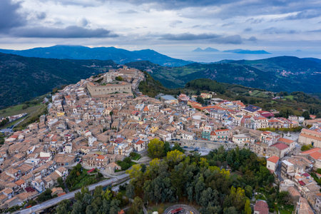 Aerial view of the city Montalbano Elicona, Italy, Sicily, Messina Province.  Aerial view of the medieval town of Montalbano Elicona with the castle of Federico II, Italy, Sicily.の写真素材