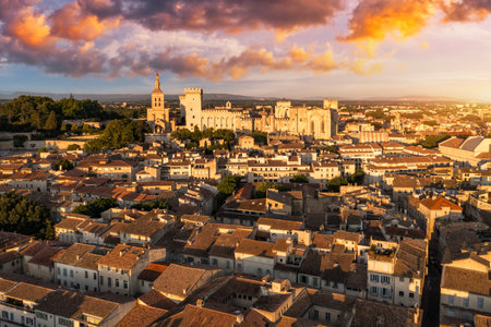 View of Avignon with Palais des Papes during sunset in Southern France. Medieval architecture along the Rhone River in Avignon, Provence, France. The Palais des Papes in Avignon, South France.の写真素材