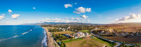 Aerial view of Mauralis Beach, Cyprus. Mavralis Beach is a secluded and unspoiled beach located in the Akamas Peninsula of Cyprus.の写真素材