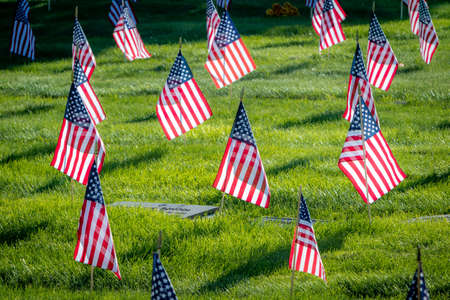 Military headstones honoring armed forces servicemen decorated with American flags for Memorial Day