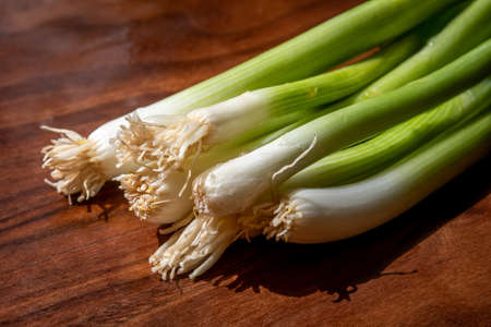 Green onion garden vegetables lined up together on a dark wood cutting boardの写真素材