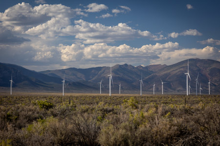 Numerous wind turbines for generating electricity to power homesの写真素材