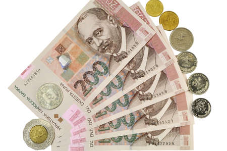 croatian money 5 x 200 kuna and some coins on white background - DSC0313の写真素材