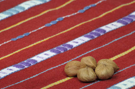 five hazel-nuts on the decorative red cloth - DSC0877の写真素材